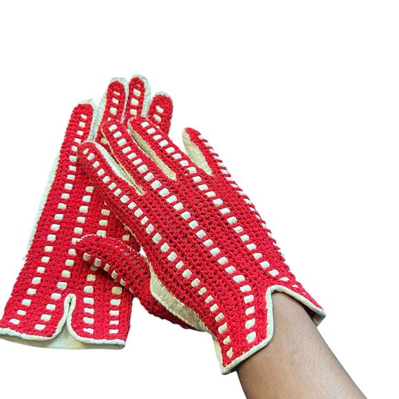 Vintage Red Crochet and White Leather Gloves Womens Size 7 - Picture 11 of 11
